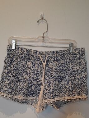 Jolt Navy and White Linen Blend Floral Drawstring Shorts with Tassel